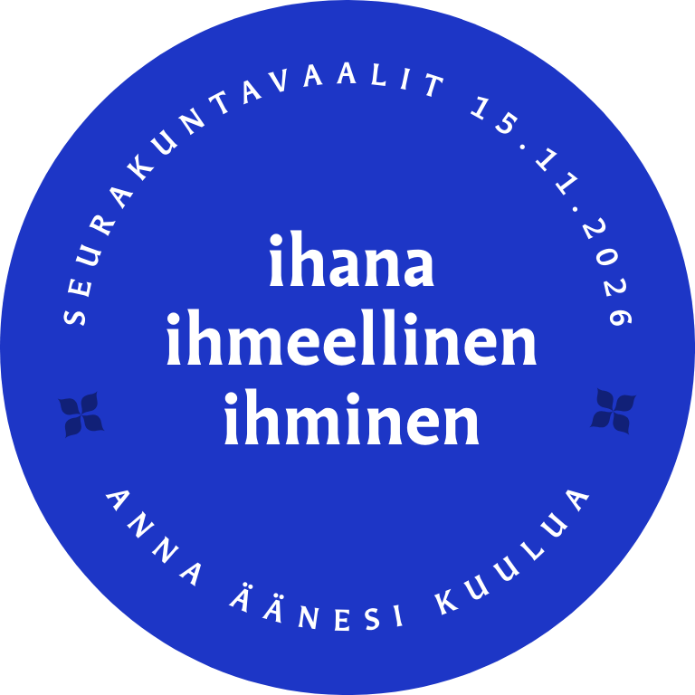 Sininen ympyrä, jossa reunoilla tekstit seurakuntavaalit 15.11.2026 ja anna äänesi kuulua sekä keskellä ihana ihmeellinen ihminen
