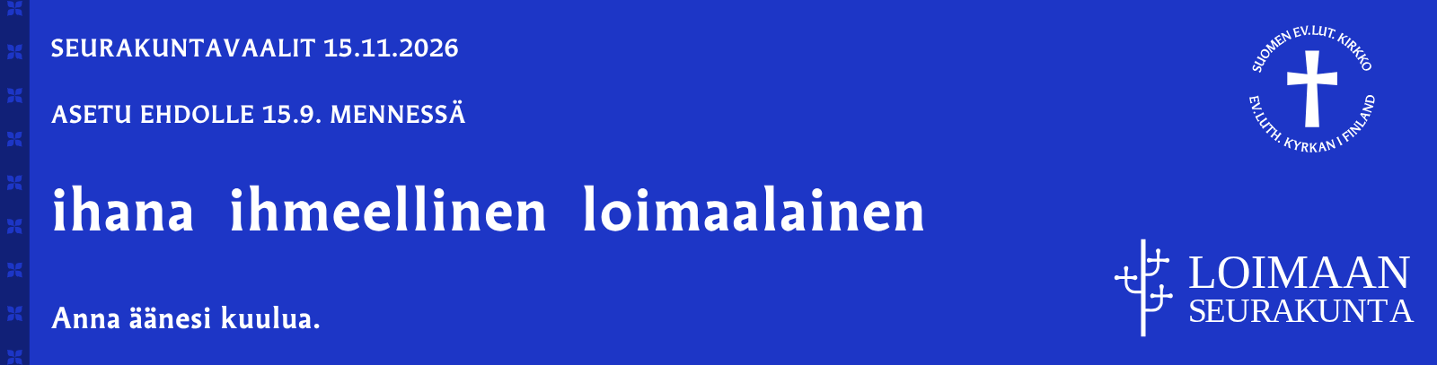 Sinisellä taustalla teksti seurakuntavaaleista: 